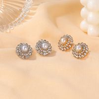 Runde Perle Sonnenblume Voller Diamant Mode Zwei-platten-diamant Eingelegte Zirkon Ohrringe main image 3