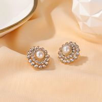 Runde Perle Sonnenblume Voller Diamant Mode Zwei-platten-diamant Eingelegte Zirkon Ohrringe main image 4