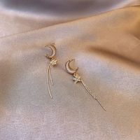 S925 Silver Star Tassel Inlaid White Mother-of-pearl Moon Long Earrings sku image 1