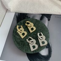 Gold Finish Brass Retro B Letter Pendant Hoop Earrings Wholesale main image 5
