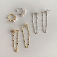 Korean Simple Ear Bone Clip Two-piece Metal Tassel Pearl  Earrings Set Wholesale main image 1