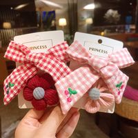 Korean  Princess Bow  Cute Flower  Plaid Fabric Cherry Hair Clip Set main image 3