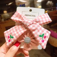 Korean  Princess Bow  Cute Flower  Plaid Fabric Cherry Hair Clip Set sku image 4