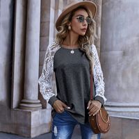 Fashion Stitching Hollow Lace Regular Long-sleeved Round Neck Top For Women sku image 3