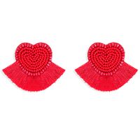 Exaggerated Peach Heart-shaped Handmade Rice Bead Short Fabric Tassel Earrings Wholesale sku image 2