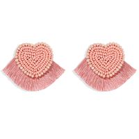 Exaggerated Peach Heart-shaped Handmade Rice Bead Short Fabric Tassel Earrings Wholesale sku image 6