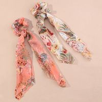 Fashion New Satin Floral Knotted Streamer Long Scarf Hair Scrunchies Set sku image 1