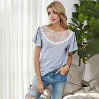 New Simple Lace Neckline Stitching Loose Casual T-shirt main image 4