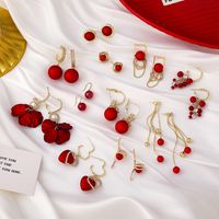 New Red Bead Petal Tassel Earrings main image 6