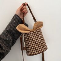 Woolen Retro Lattice Bucket Bag main image 5