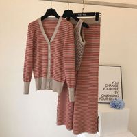 Simple Striped Knitted Vest Cardigan High-waisted Wide-leg Pants Three-piece Suit main image 3