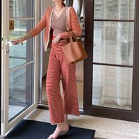 Simple Striped Knitted Vest Cardigan High-waisted Wide-leg Pants Three-piece Suit main image 6