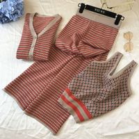 Simple Striped Knitted Vest Cardigan High-waisted Wide-leg Pants Three-piece Suit sku image 1