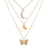 Inlaid Rhinestone Butterfly Pendant Alloy Moon Three-layer Necklace main image 2