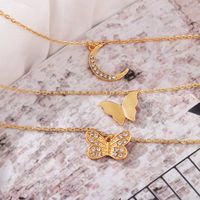 Inlaid Rhinestone Butterfly Pendant Alloy Moon Three-layer Necklace main image 5