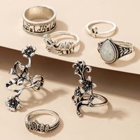 New Retro Fashion Flower Diamond Elephant Ring 7-piece Set main image 5