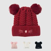 2021 New Baby Hat Autumn And Winter Cute Fleece Lined Warm Cartoon Fur Ball Woolen Cap Children Baby Knit Hat main image 1