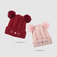 2021 New Baby Hat Autumn And Winter Cute Fleece Lined Warm Cartoon Fur Ball Woolen Cap Children Baby Knit Hat main image 4