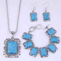 European And American Fashion Metal Concise Turquoise Accessories Square Necklace Earrings Bracelet Set main image 5