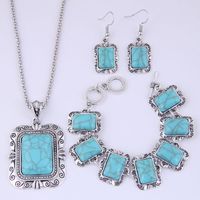 European And American Fashion Metal Concise Turquoise Accessories Square Necklace Earrings Bracelet Set sku image 1