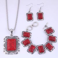 European And American Fashion Metal Concise Turquoise Accessories Square Necklace Earrings Bracelet Set sku image 2