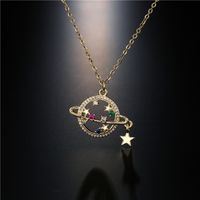 Copper Micro-inlaid Color Zircon Personality Planet Pendant 18k Gold Plated Star Necklace main image 4