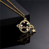 Copper Micro-inlaid Color Zircon Personality Planet Pendant 18k Gold Plated Star Necklace main image 6