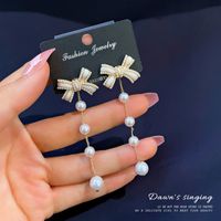 Dripping Bowknot Pearl Earrings Korean Tassel Long Super Fairy Earrings Fashion Sweet Earrings sku image 1