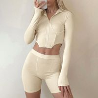 2021 Autumn And Winter New Zipper Hooded Top Shorts Rib Suit Women's Clothing main image 3