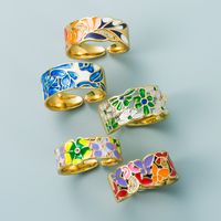 Ins European And American Fashion & Trend Punk Copper Plated Real Gold Drop Oil Blue And White Porcelain Pattern Hip Hop Open Ring Ornament main image 1