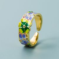 Ins European And American Fashion & Trend Punk Copper Plated Real Gold Drop Oil Blue And White Porcelain Pattern Hip Hop Open Ring Ornament main image 5