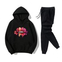 Hooded Black Red Lips Printed Sweater Casual Pants Fleece Two-piece Suit sku image 6