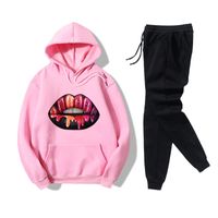 Hooded Black Red Lips Printed Sweater Casual Pants Fleece Two-piece Suit sku image 16