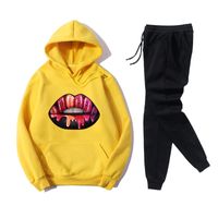 Hooded Black Red Lips Printed Sweater Casual Pants Fleece Two-piece Suit sku image 24