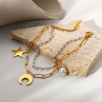 18k Gold Plated Stainless Steel Star Moon Pearl Pendant Double Layer Bracelet main image 3