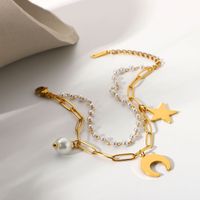 18k Gold Plated Stainless Steel Star Moon Pearl Pendant Double Layer Bracelet main image 4