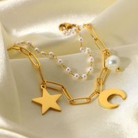 18k Gold Plated Stainless Steel Star Moon Pearl Pendant Double Layer Bracelet main image 5