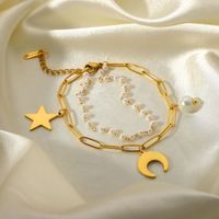 18k Gold Plated Stainless Steel Star Moon Pearl Pendant Double Layer Bracelet main image 6