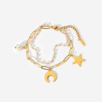 18k Gold Plated Stainless Steel Star Moon Pearl Pendant Double Layer Bracelet main image 1