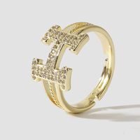 Korean Style Simple Cute Copper Inlaid Zirconium Letter Open Ring Female Creative Personality Real Gold Plating H Ring Ornament main image 1