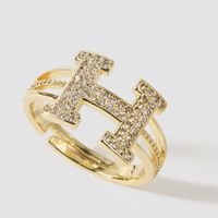 Korean Style Simple Cute Copper Inlaid Zirconium Letter Open Ring Female Creative Personality Real Gold Plating H Ring Ornament main image 4