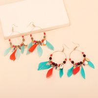 Big Circle Wood Round Beads Color Tassel Feather Earrings Fashion Personality Design Earrings main image 1