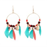 Big Circle Wood Round Beads Color Tassel Feather Earrings Fashion Personality Design Earrings main image 6