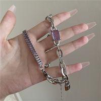 Punk Style Purple Zircon Titanium Steel Chain Stitching Necklace Tassel Clavicle Chain main image 6