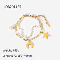 18k Gold Plated Stainless Steel Star Moon Pearl Pendant Double Layer Bracelet sku image 1
