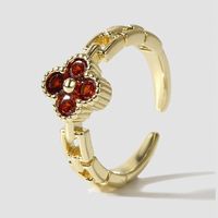 Korean Cute High Quality Copper Inlaid Zirconium Four-leaf Clover Ring Ins Creative Personality Real Gold Plating Ring Ornament sku image 1