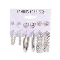 Hollow Leaf Geometric Heart Metal Ear Hoop Earrings 6-piece Set sku image 9