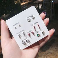 Tendance Européenne Et Américaine Amour Fleurs En Strass Feuilles Géométriques Boucles D&#39;oreilles Animaux Plantes Ensemble De 7 Paires sku image 33