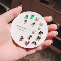 European And American Trend Love Rhinestone Flowers Geometric Leaves Plant Animal Earrings 7 Pairs Set sku image 36