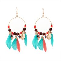 Big Circle Wood Round Beads Color Tassel Feather Earrings Fashion Personality Design Earrings sku image 1